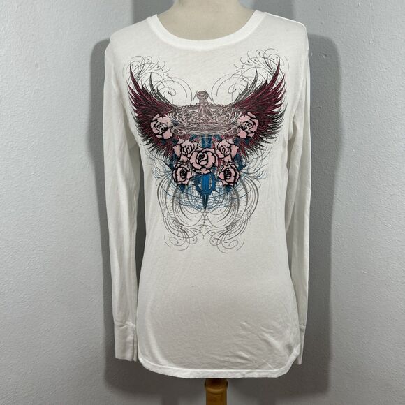 Stranded Shirt Womens L White Wings Burnout Graphic Crew Y2K - Picture 1 of 8